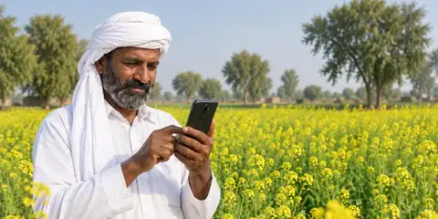 سرسوں کے کھیت میں موبائل پر اشتہار لگاتا ہوا کسان