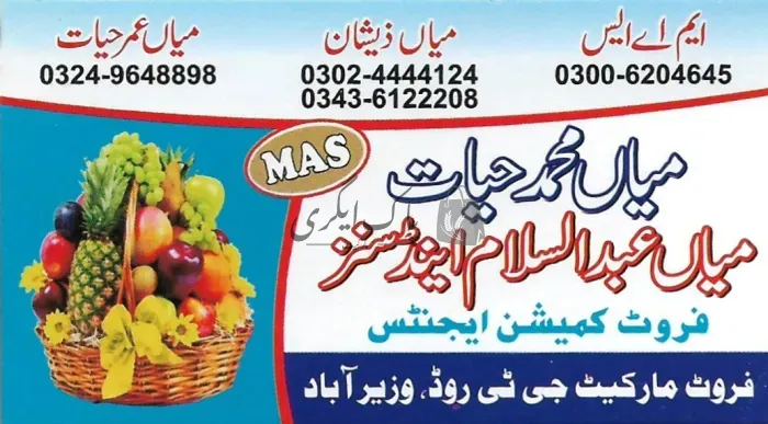 عبدالسلام اینڈ سنز | وزیرآباد | پھل کمیشن ایجنٹ | پاک اگری مارکیٹ